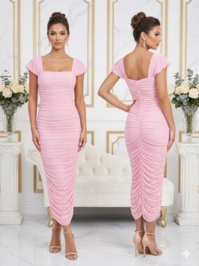 Pofash Pink Ruched Mesh Cap Sleeve Bodycon Dress NWT Large